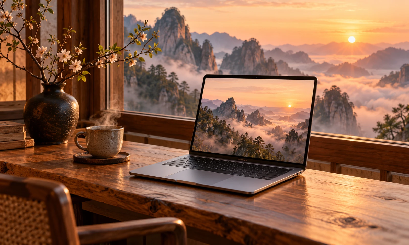 A warm workspace overlooking mountains