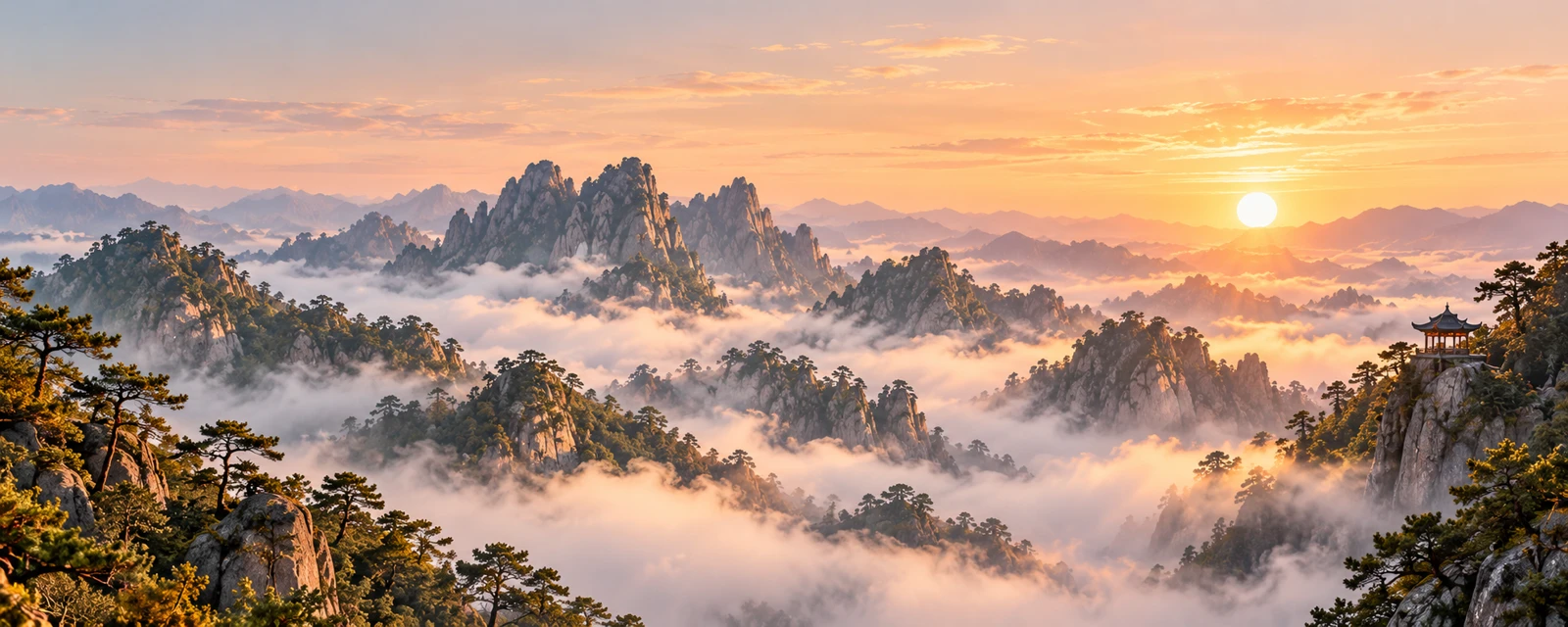 Sunrise over mist-covered mountains